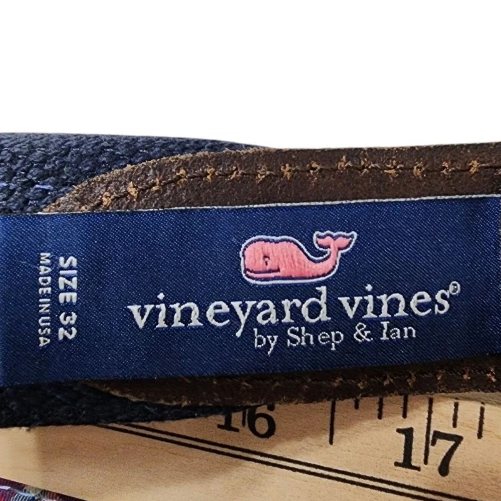 Vineyard Vines Belt Mens 32 Multicolor Plaid Canvas Leather Trim USA‎ Preppy